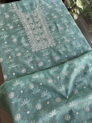 Sea Green Rasm Kota Tussar Chikankari Unstitched Chikankari Fabric