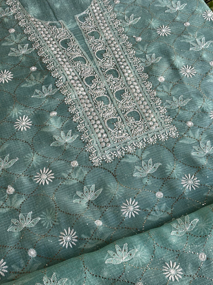 Sea Green Rasm Kota Tussar Chikankari Unstitched Chikankari Fabric