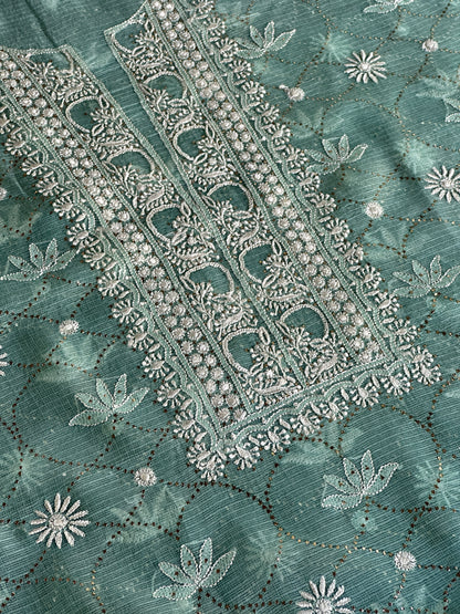Sea Green Rasm Kota Tussar Chikankari Unstitched Chikankari Fabric