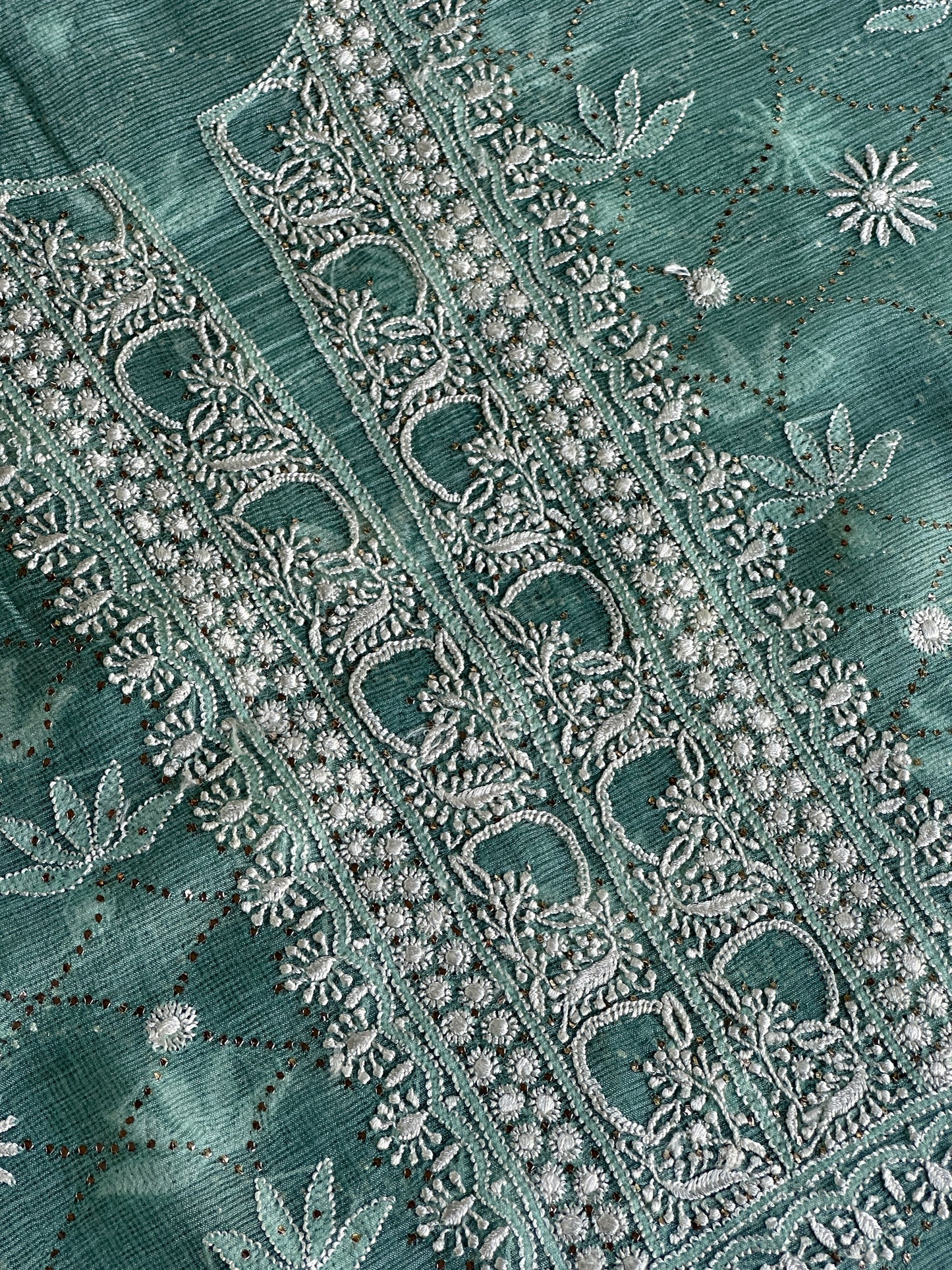 Sea Green Rasm Kota Tussar Chikankari Unstitched Chikankari Fabric