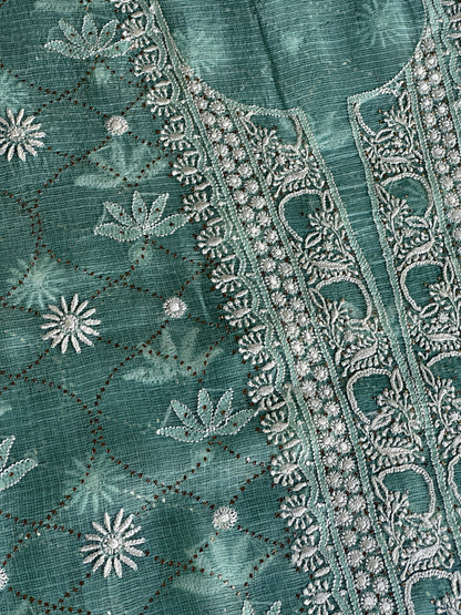 Sea Green Rasm Kota Tussar Chikankari Unstitched Chikankari Fabric