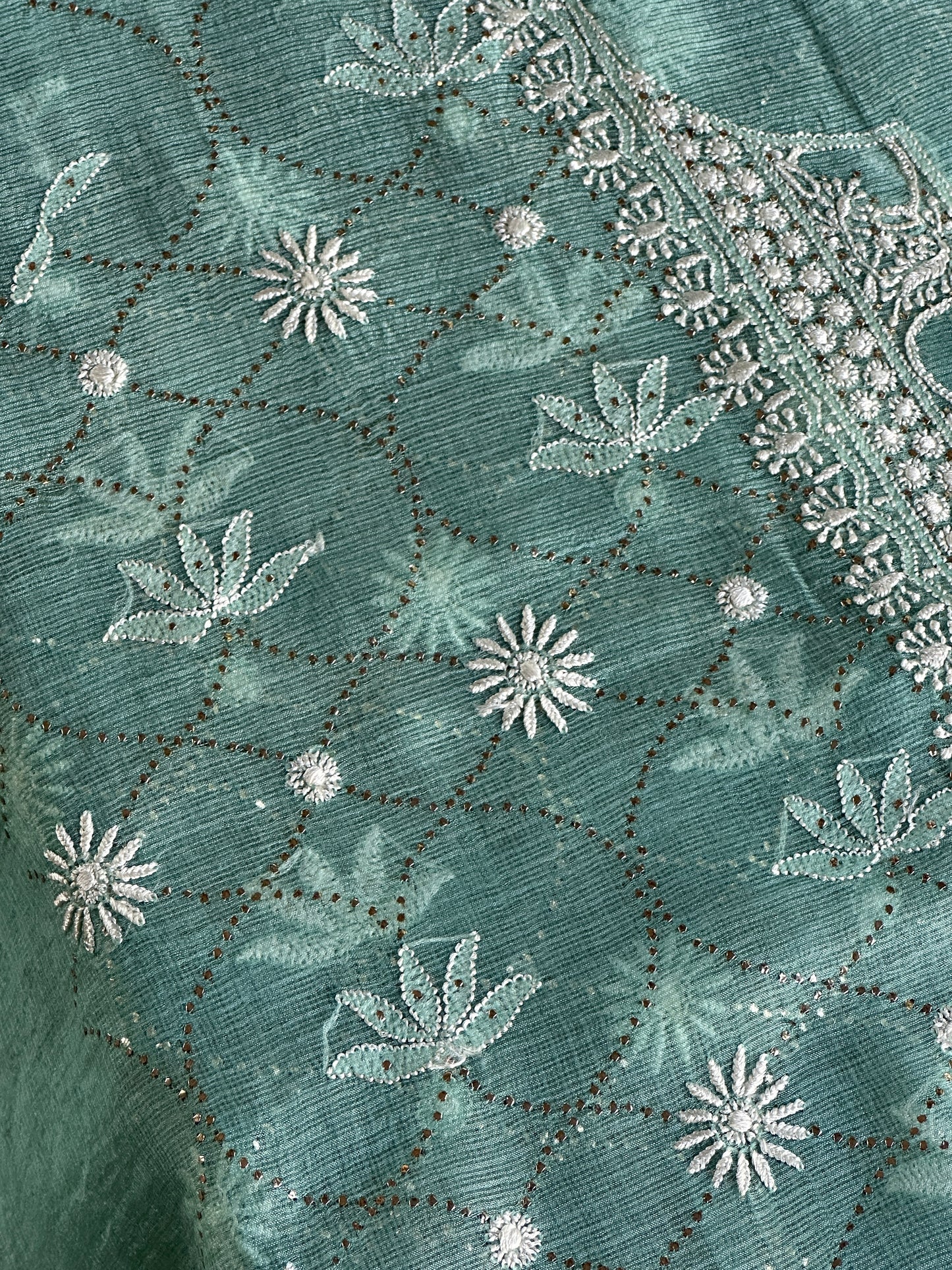 Sea Green Rasm Kota Tussar Chikankari Unstitched Chikankari Fabric