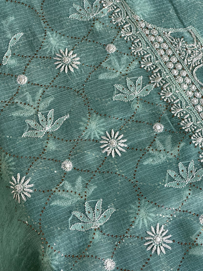 Sea Green Rasm Kota Tussar Chikankari Unstitched Chikankari Fabric