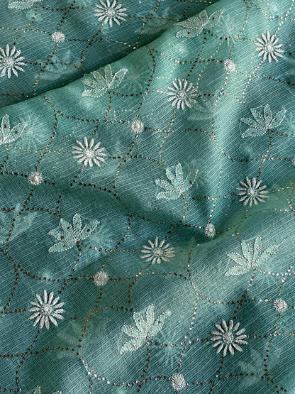 Sea Green Rasm Kota Tussar Chikankari Unstitched Chikankari Fabric