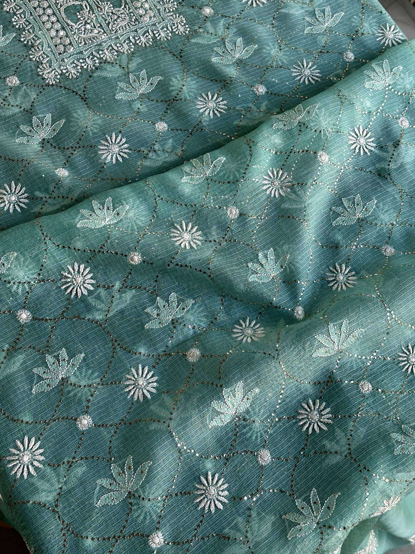 Sea Green Rasm Kota Tussar Chikankari Unstitched Chikankari Fabric