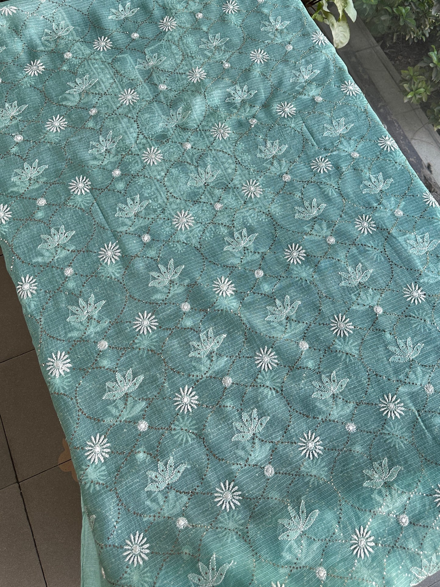 Sea Green Rasm Kota Tussar Chikankari Unstitched Chikankari Fabric