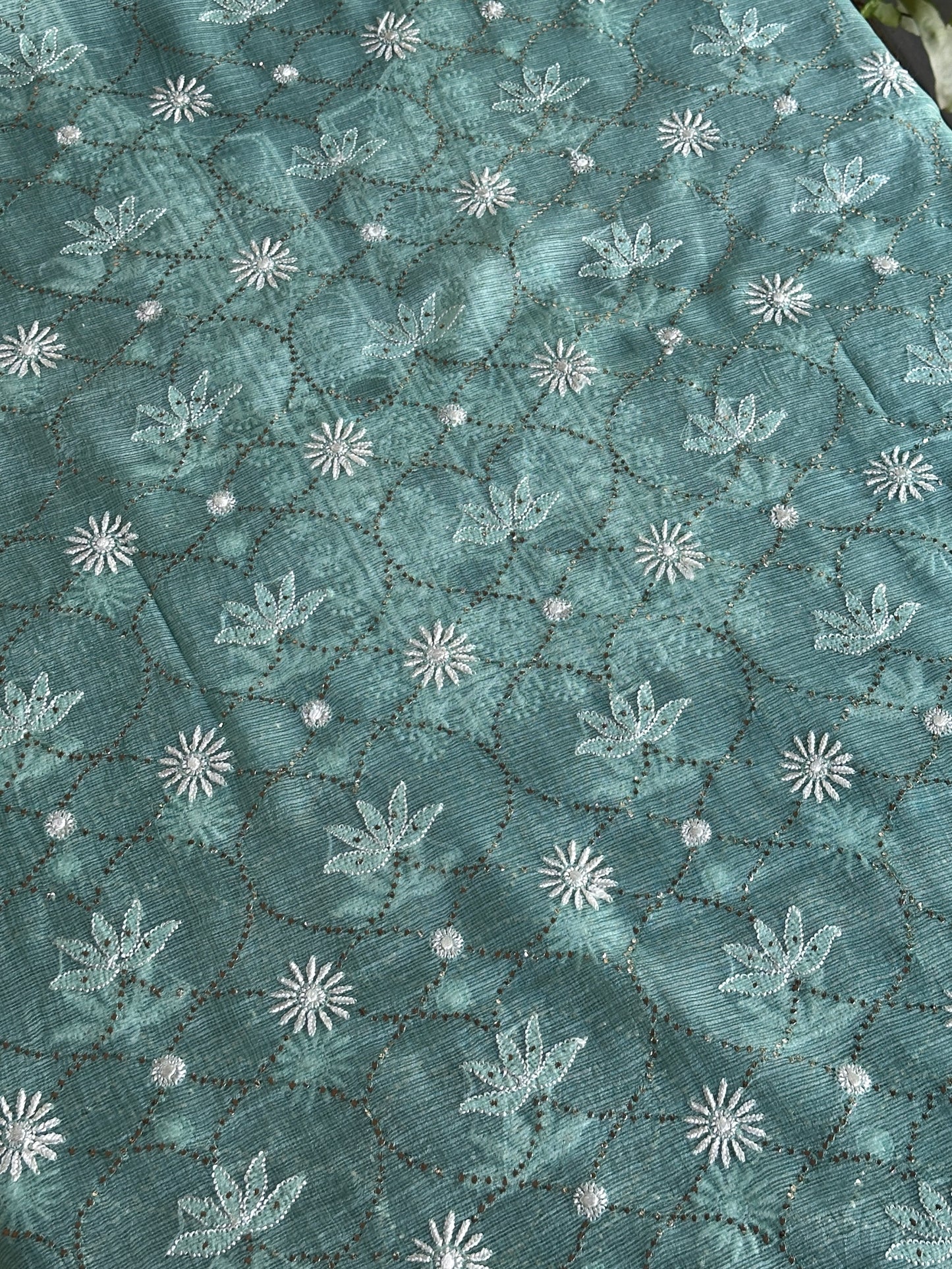Sea Green Rasm Kota Tussar Chikankari Unstitched Chikankari Fabric