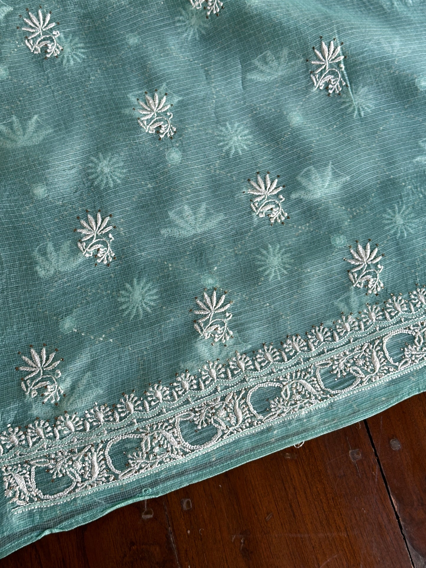 Sea Green Rasm Kota Tussar Chikankari Unstitched Chikankari Fabric