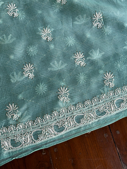 Sea Green Rasm Kota Tussar Chikankari Unstitched Chikankari Fabric
