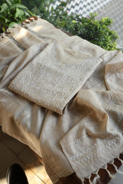 Semi Stitched Natural Tussar Silk Chikankari Kurta Dupatta Set