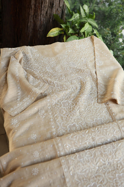 Semi Stitched Natural Tussar Silk Chikankari Kurta Dupatta Set