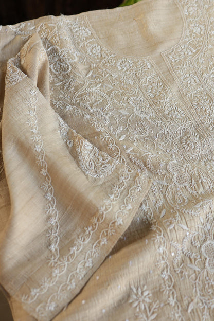 Semi Stitched Natural Tussar Silk Chikankari Kurta Dupatta Set
