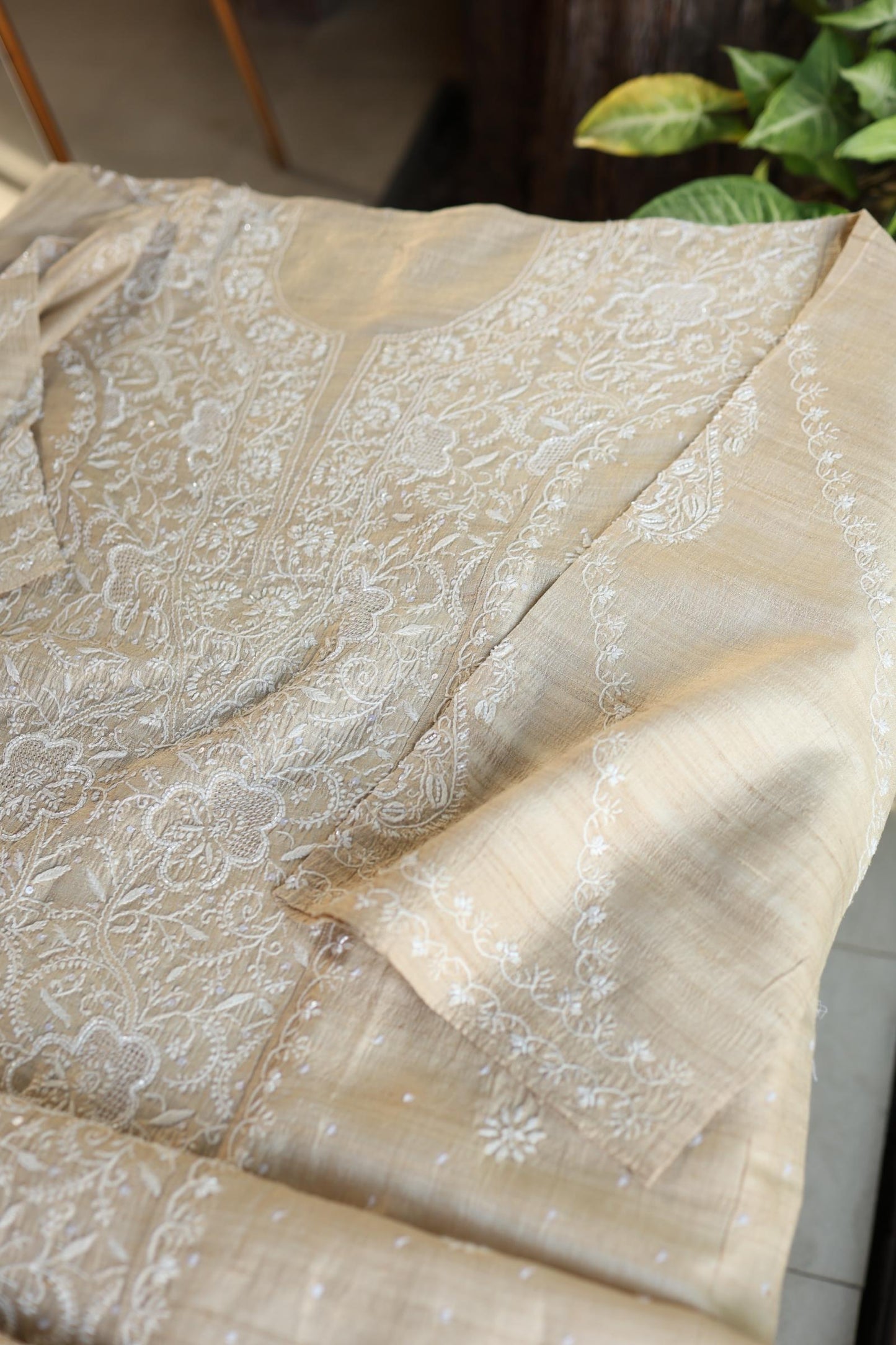 Semi Stitched Natural Tussar Silk Chikankari Kurta Dupatta Set
