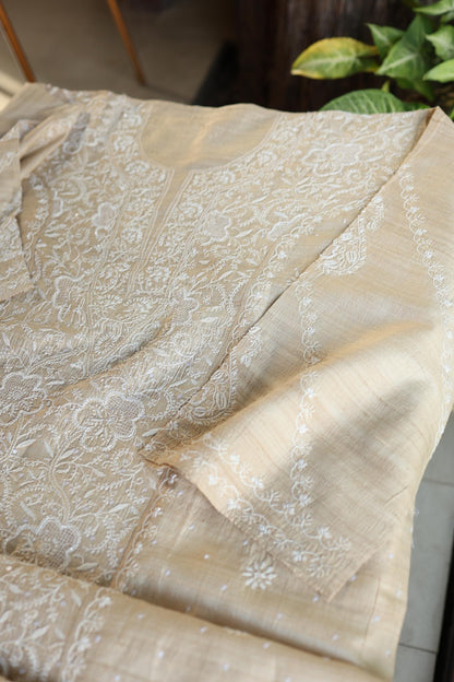 Semi Stitched Natural Tussar Silk Chikankari Kurta Dupatta Set