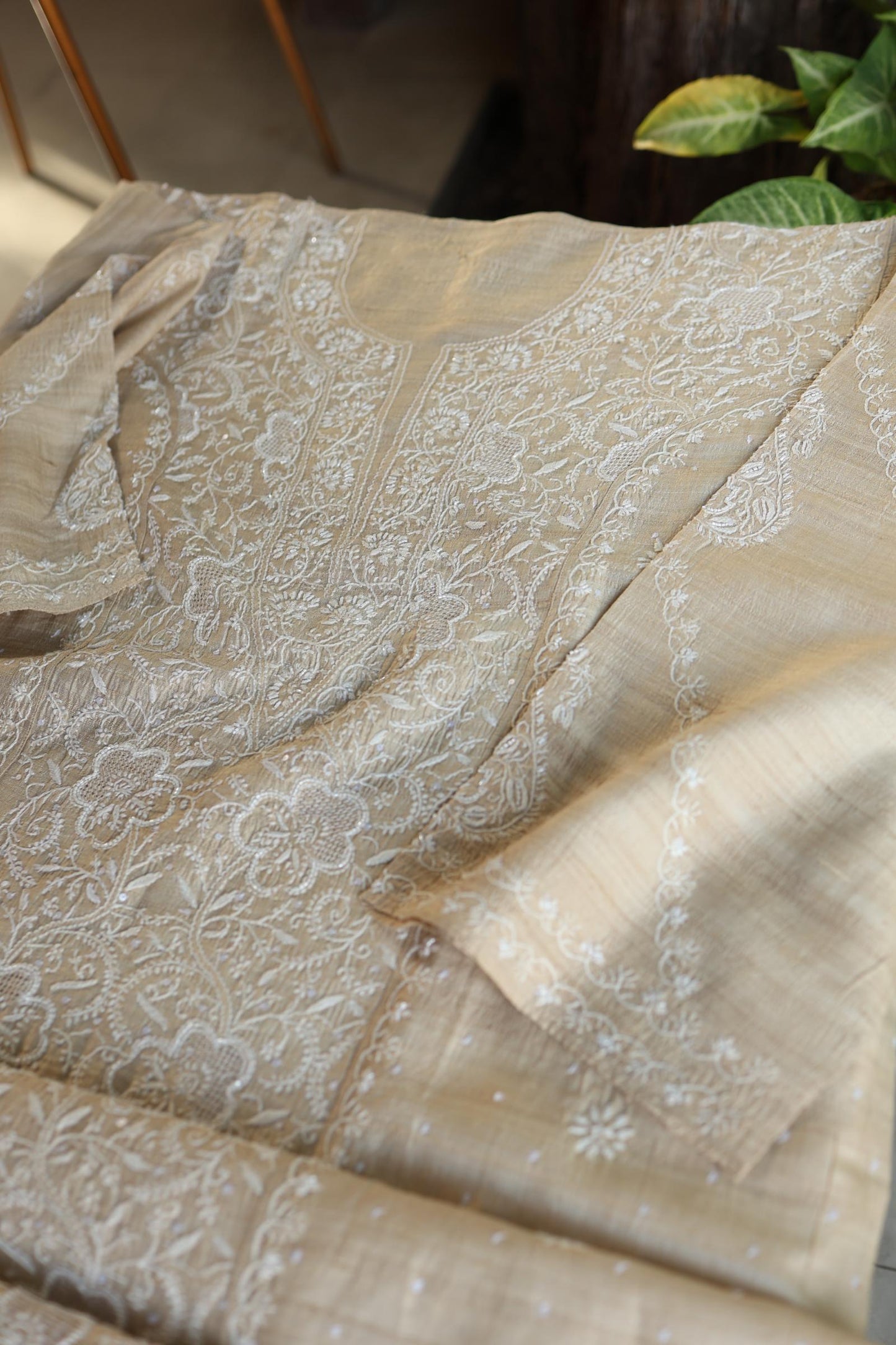 Semi Stitched Natural Tussar Silk Chikankari Kurta Dupatta Set