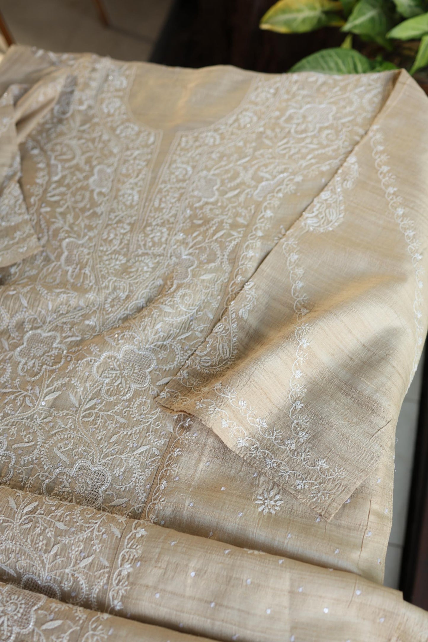 Semi Stitched Natural Tussar Silk Chikankari Kurta Dupatta Set