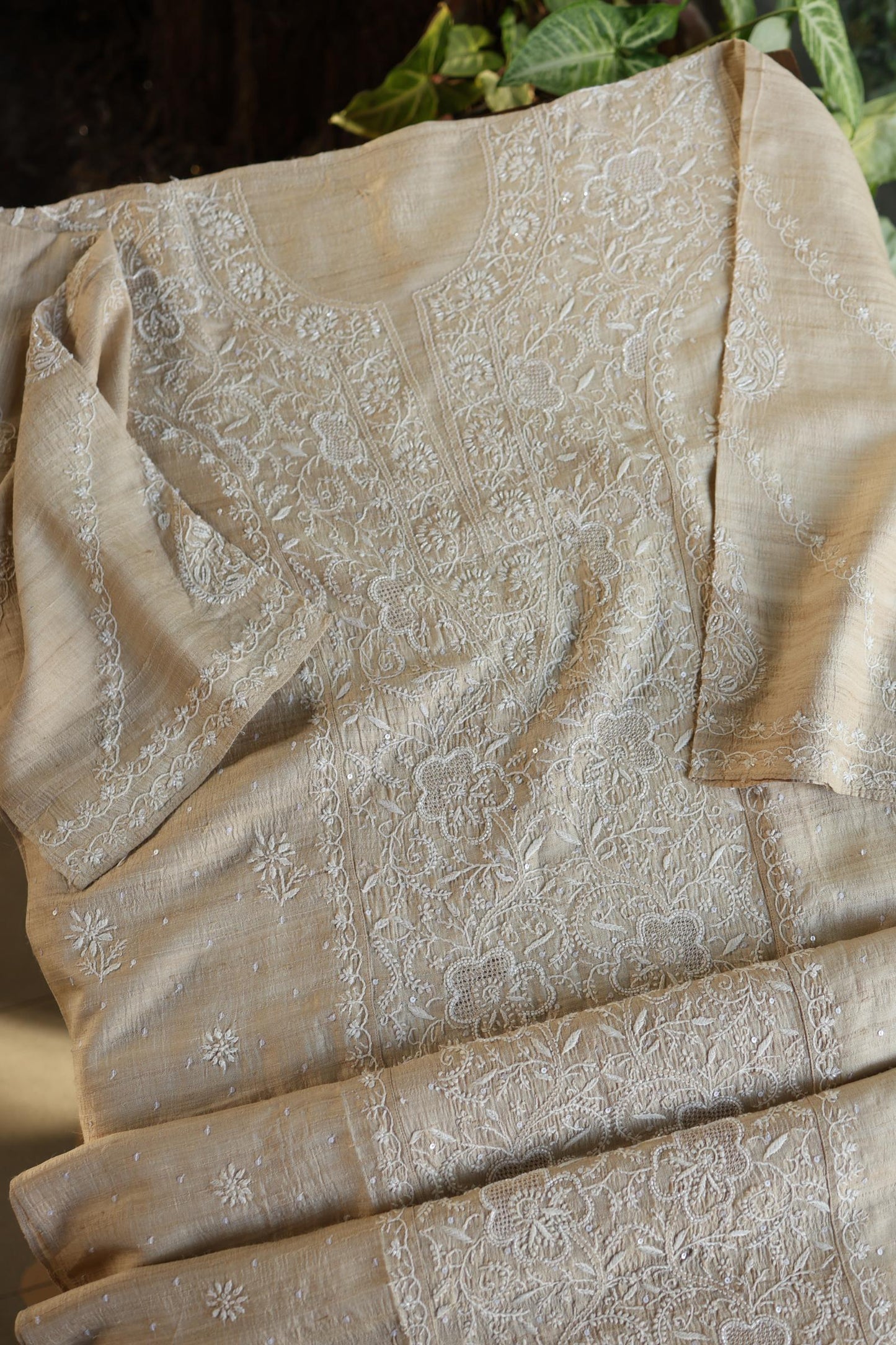 Semi Stitched Natural Tussar Silk Chikankari Kurta Dupatta Set