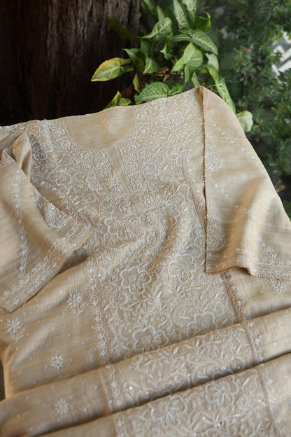 Semi Stitched Natural Tussar Silk Chikankari Kurta Dupatta Set