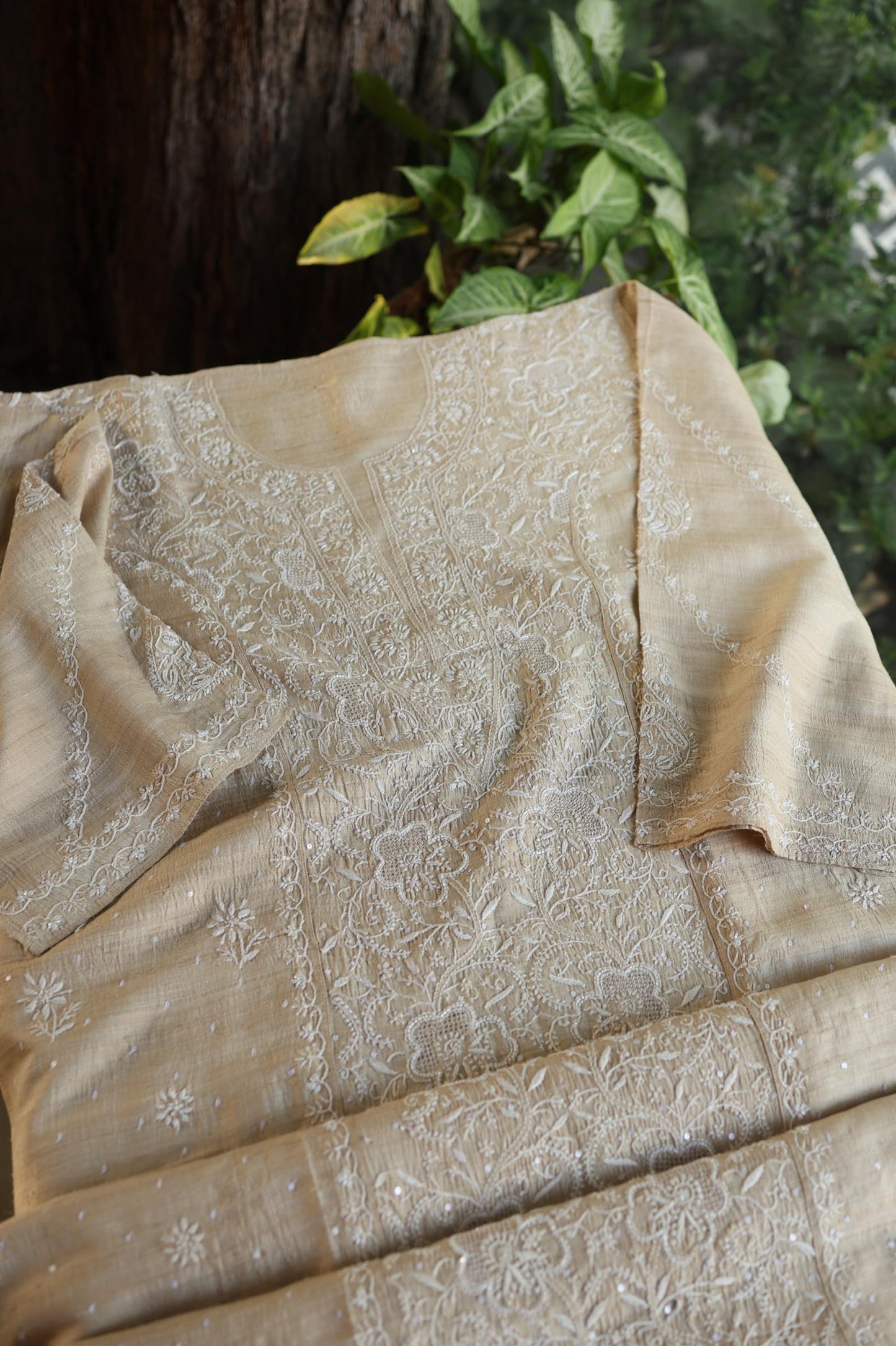 Semi Stitched Natural Tussar Silk Chikankari Kurta Dupatta Set