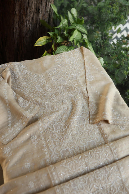 Semi Stitched Natural Tussar Silk Chikankari Kurta Dupatta Set