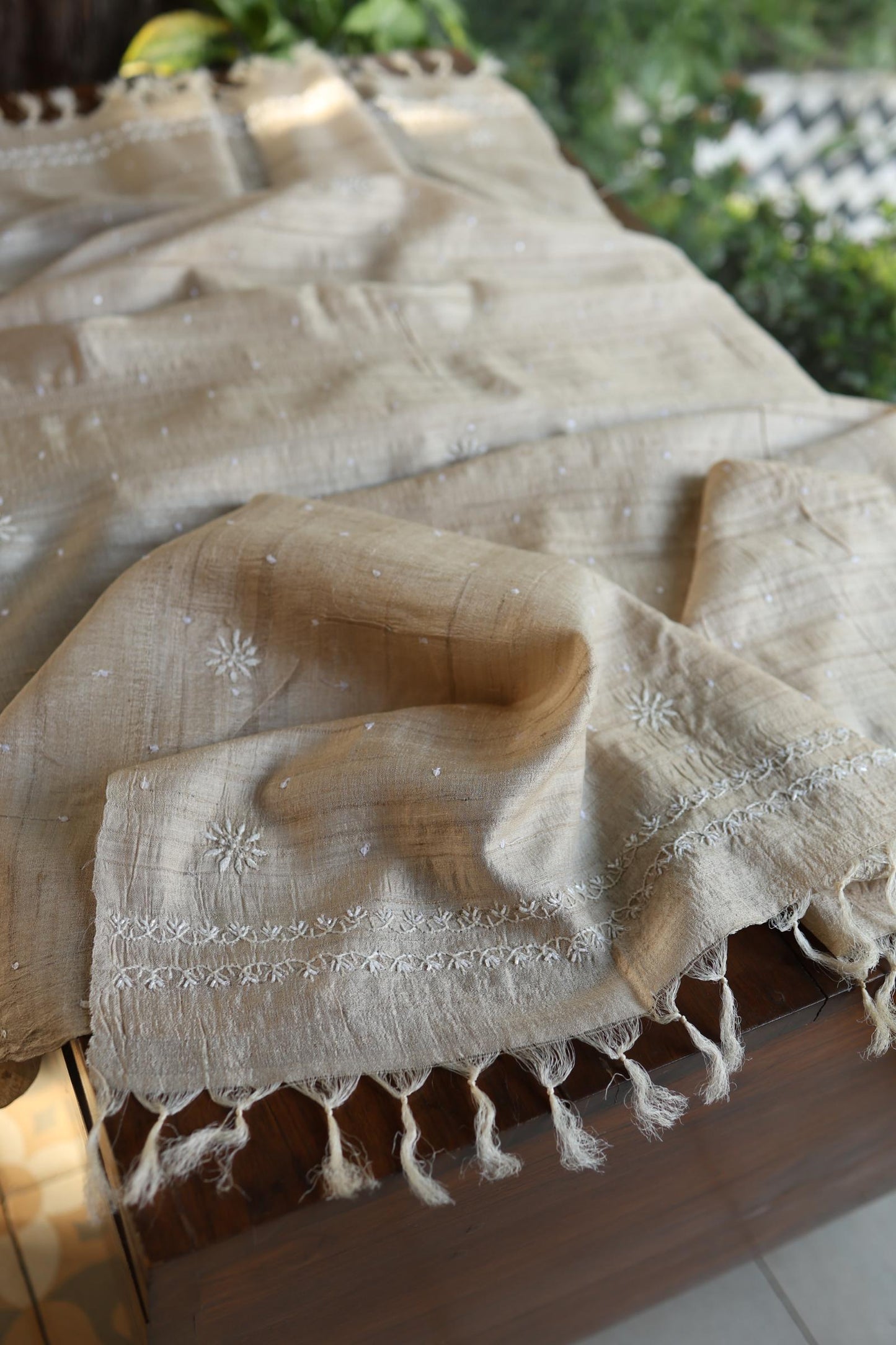 Semi Stitched Natural Tussar Silk Chikankari Kurta Dupatta Set