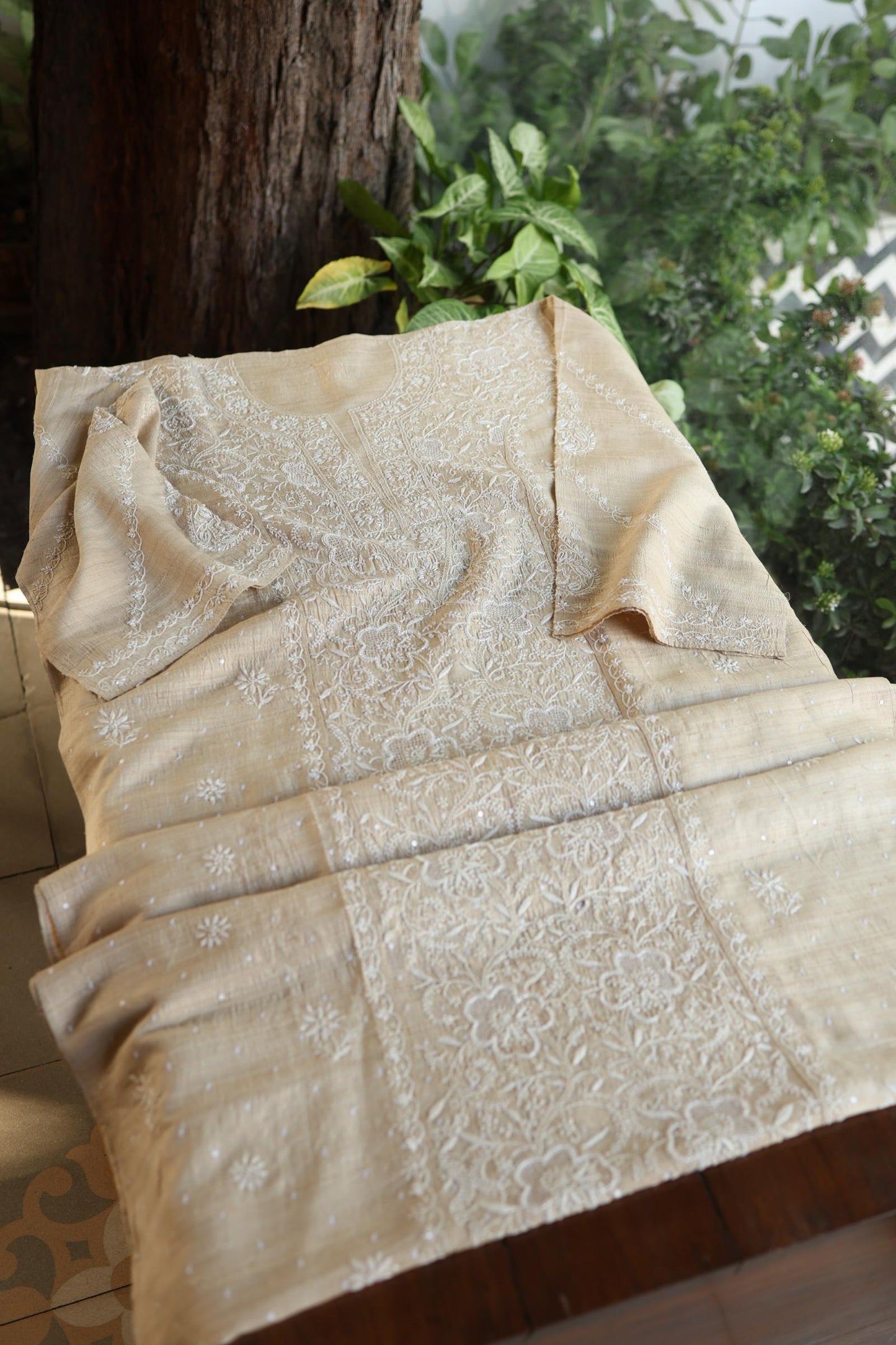 Semi Stitched Natural Tussar Silk Chikankari Kurta Dupatta Set