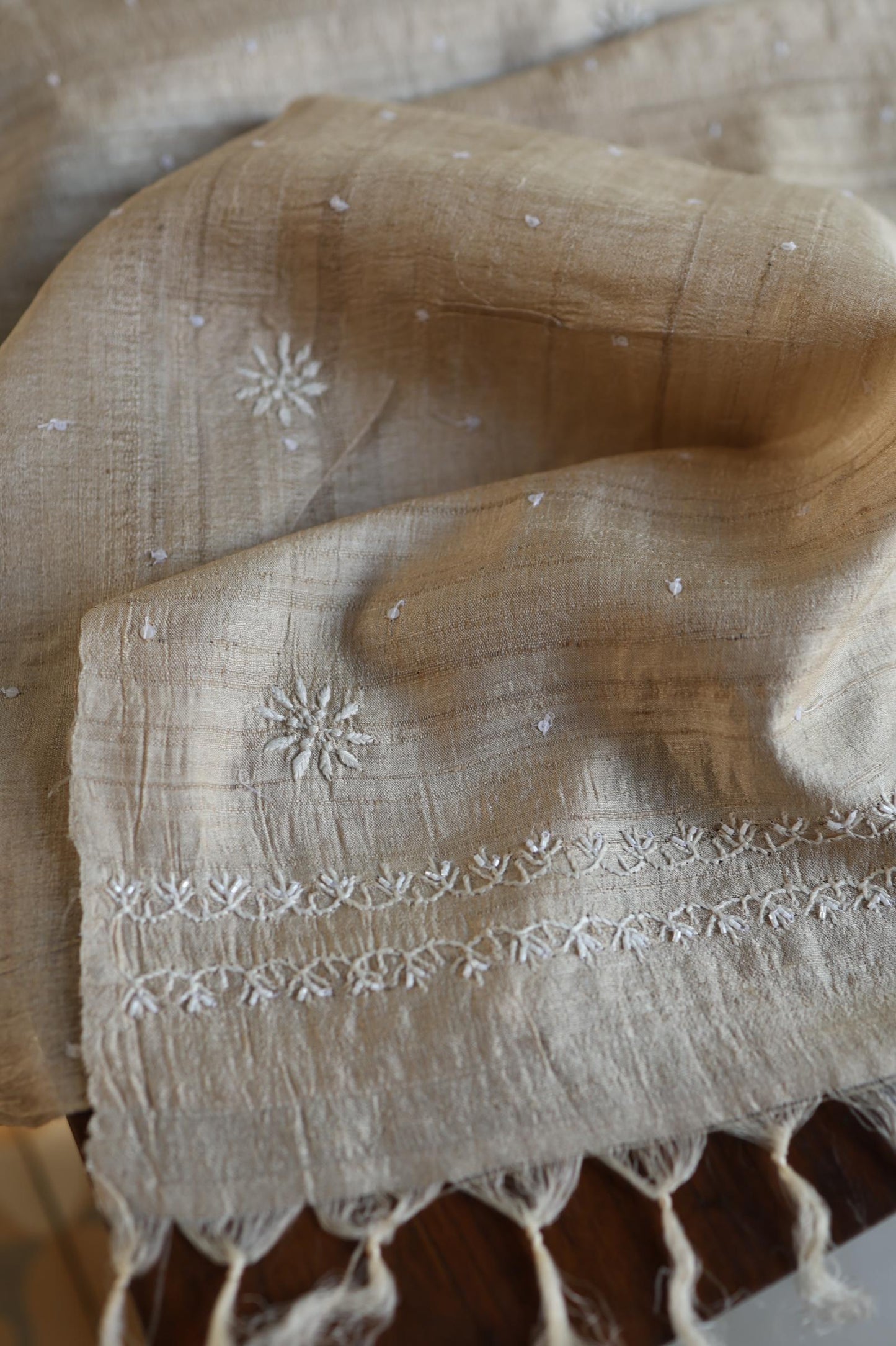 Semi Stitched Natural Tussar Silk Chikankari Kurta Dupatta Set