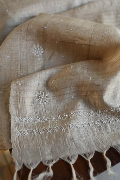 Semi Stitched Natural Tussar Silk Chikankari Kurta Dupatta Set