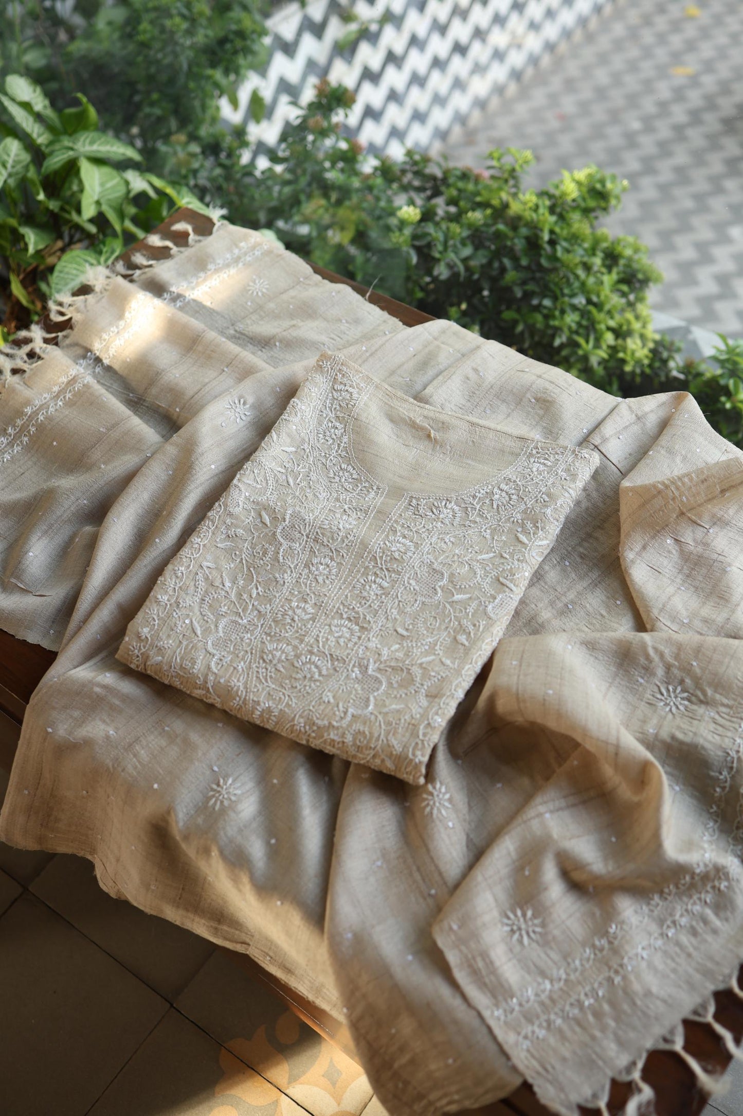 Semi Stitched Natural Tussar Silk Chikankari Kurta Dupatta Set