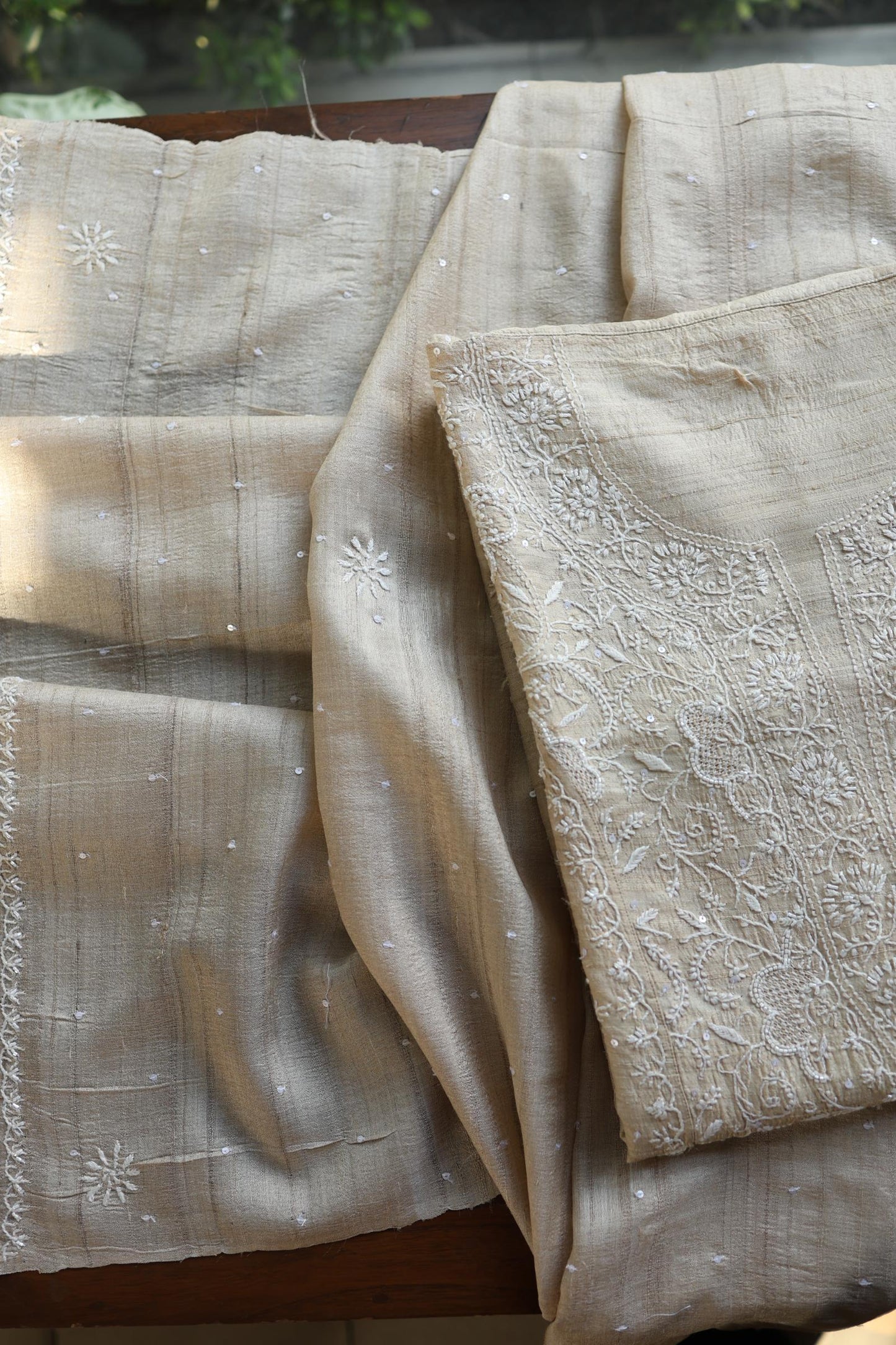 Semi Stitched Natural Tussar Silk Chikankari Kurta Dupatta Set