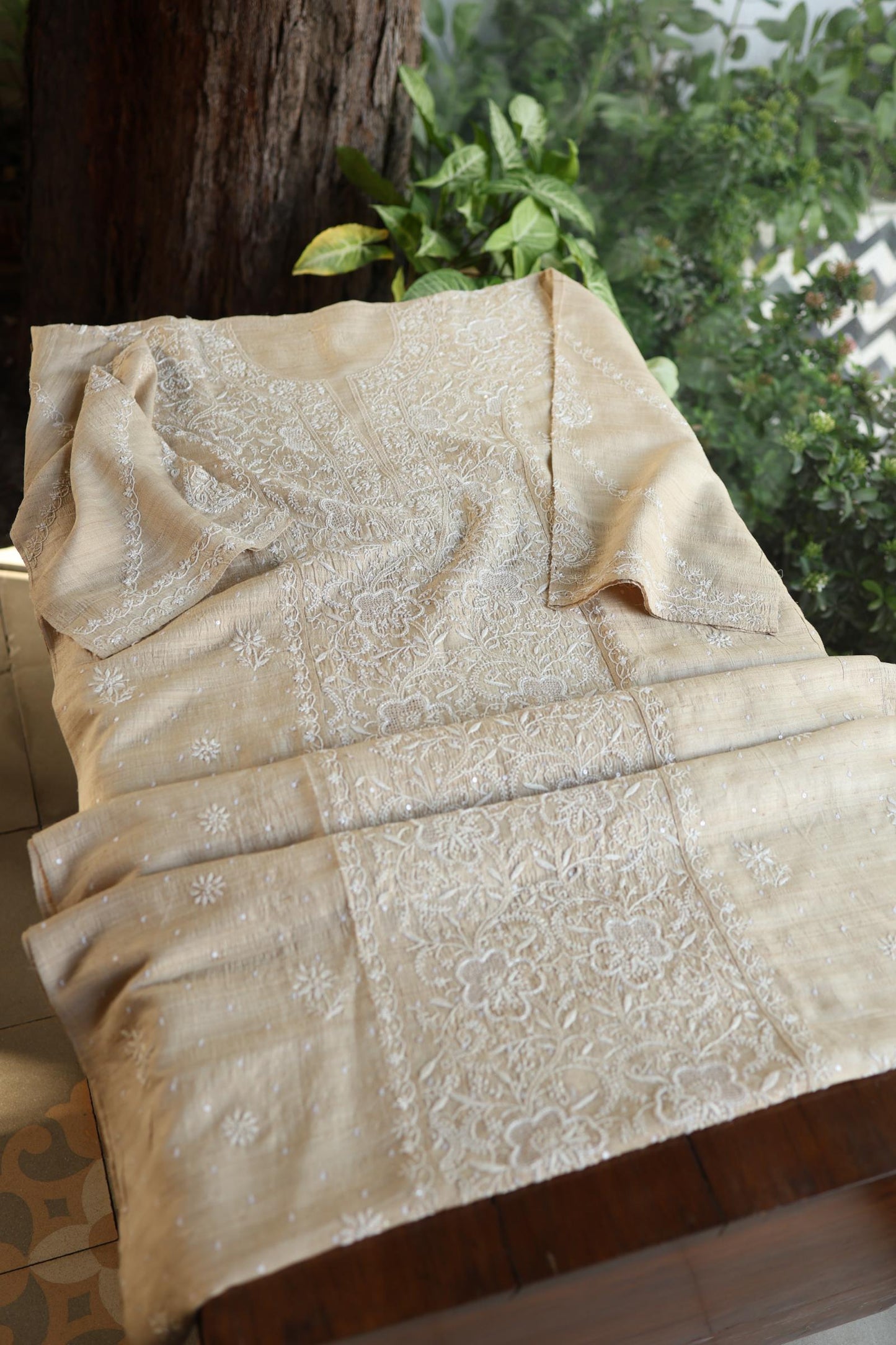 Semi Stitched Natural Tussar Silk Chikankari Kurta Dupatta Set