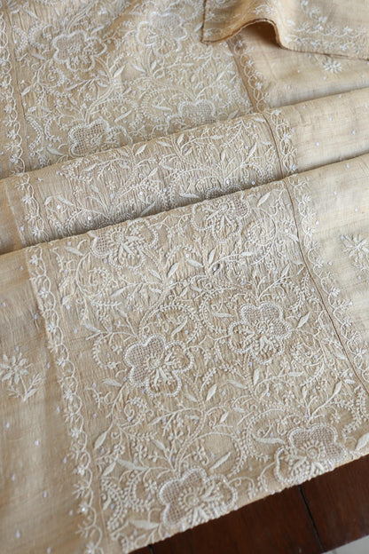 Semi Stitched Natural Tussar Silk Chikankari Kurta Dupatta Set