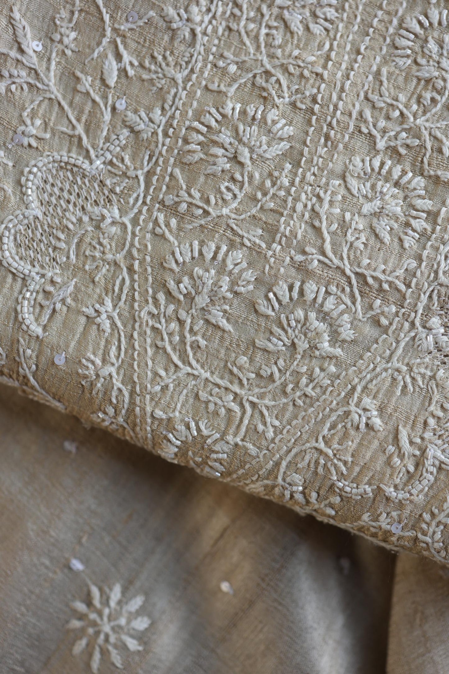 Semi Stitched Natural Tussar Silk Chikankari Kurta Dupatta Set