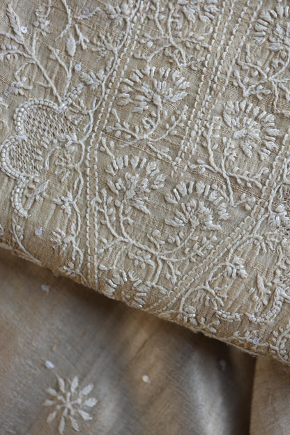 Semi Stitched Natural Tussar Silk Chikankari Kurta Dupatta Set