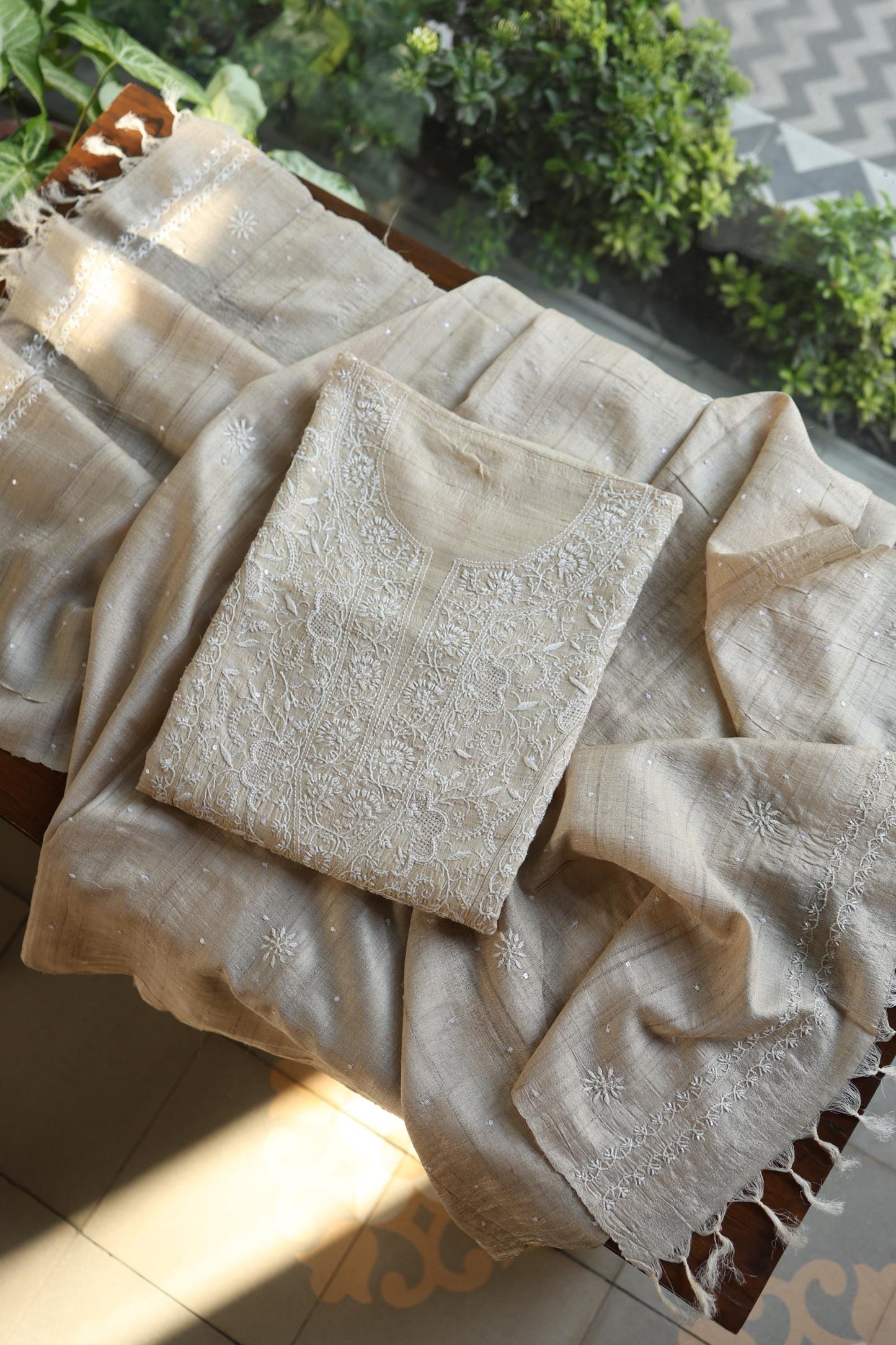 Semi Stitched Natural Tussar Silk Chikankari Kurta Dupatta Set