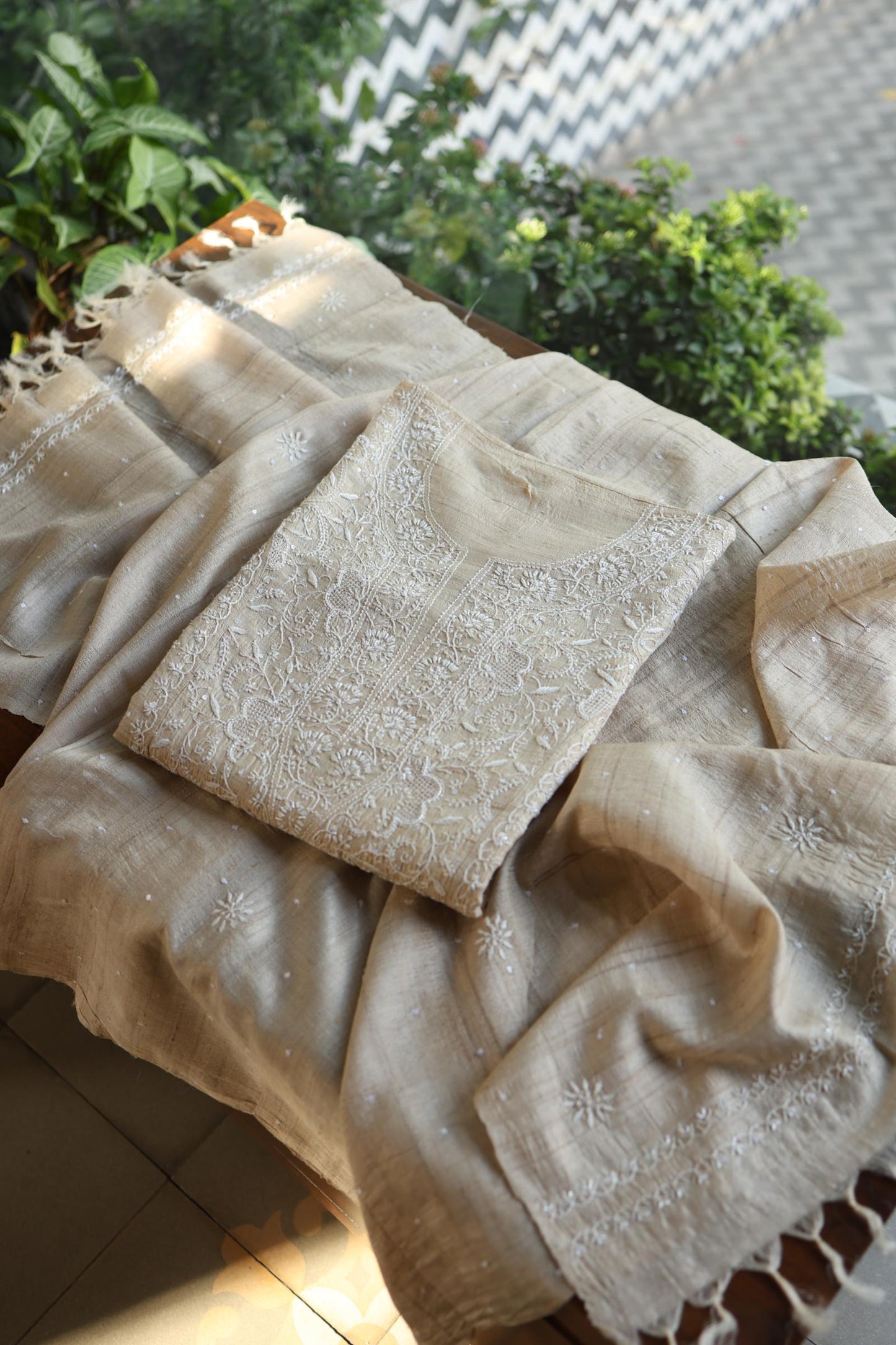 Semi Stitched Natural Tussar Silk Chikankari Kurta Dupatta Set