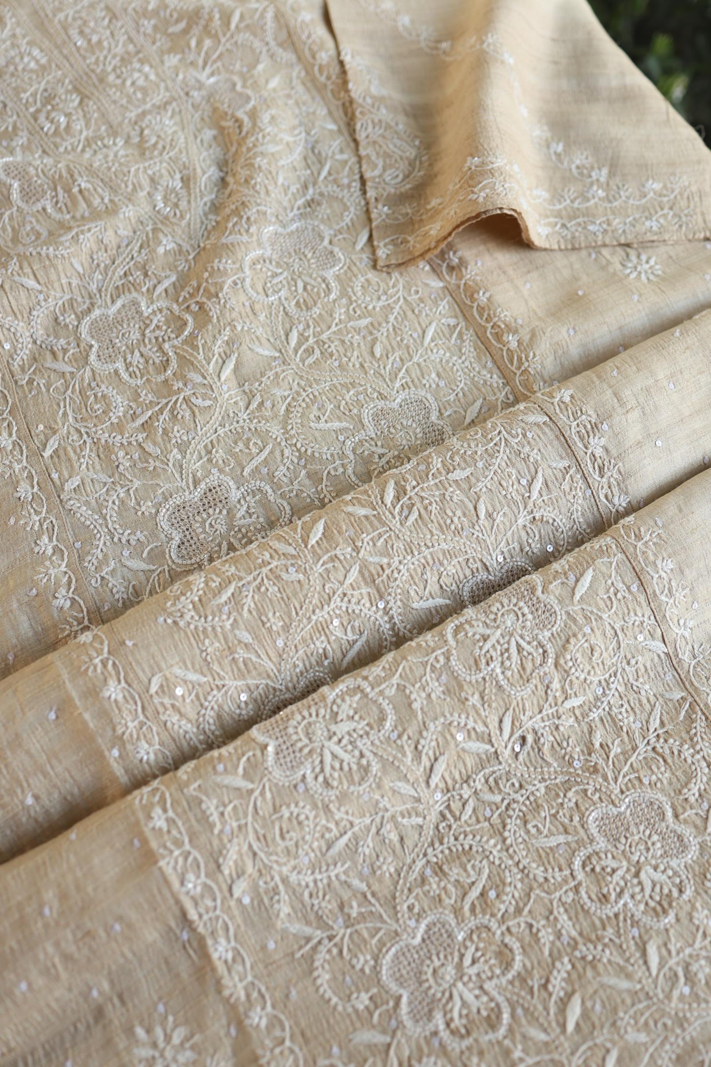 Semi Stitched Natural Tussar Silk Chikankari Kurta Dupatta Set