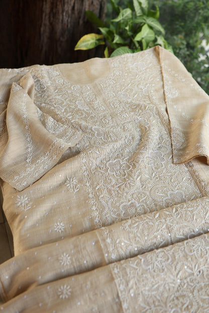 Semi Stitched Natural Tussar Silk Chikankari Kurta Dupatta Set