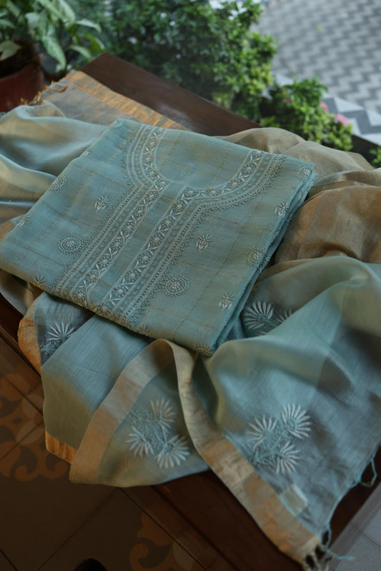 Shadow Green Shade Tissue Zari Kota Chikankari Unstitched Fabric