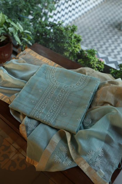 Shadow Green Shade Tissue Zari Kota Chikankari Unstitched Fabric