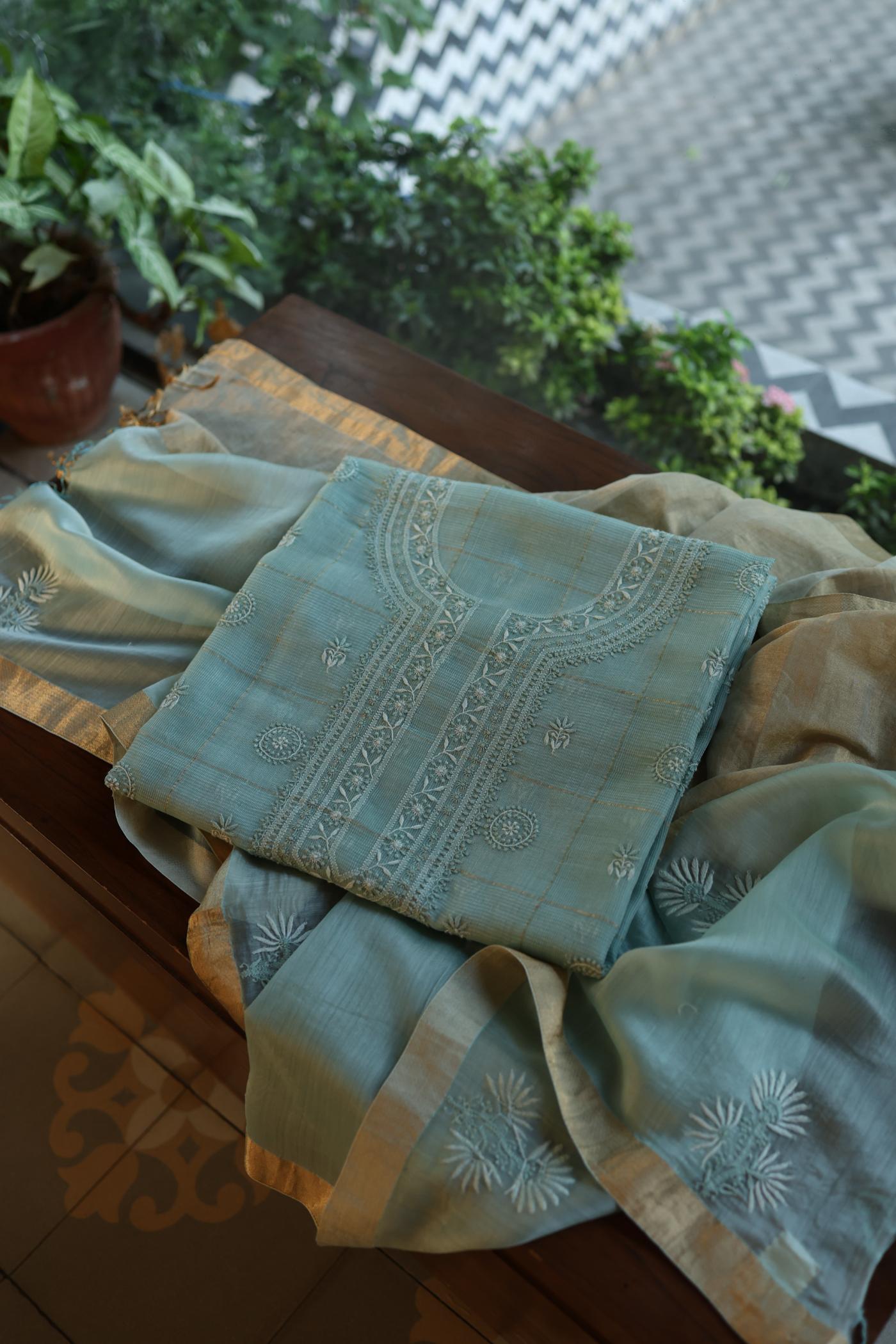 Shadow Green Shade Tissue Zari Kota Chikankari Unstitched Fabric