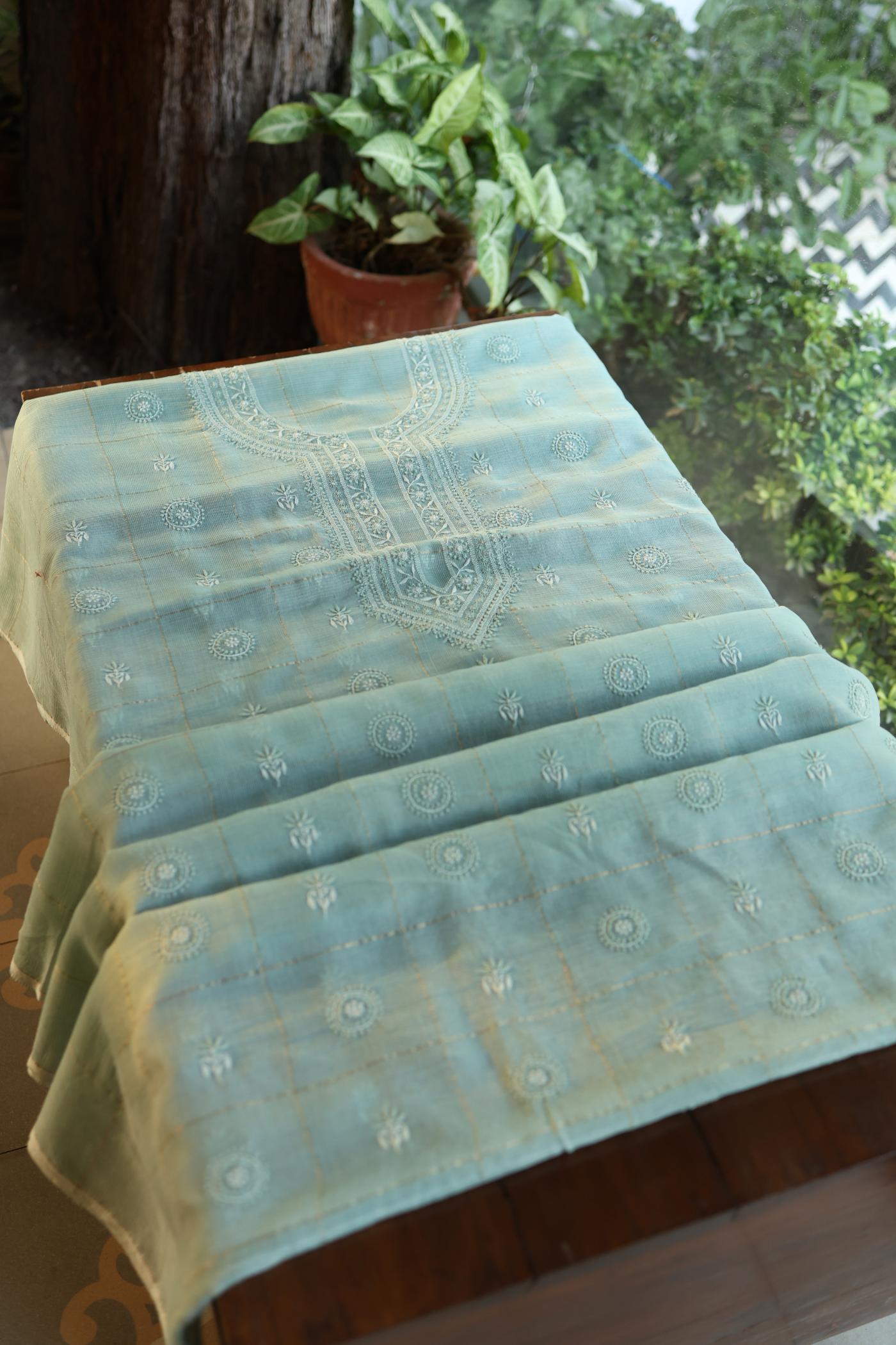 Shadow Green Shade Tissue Zari Kota Chikankari Unstitched Fabric