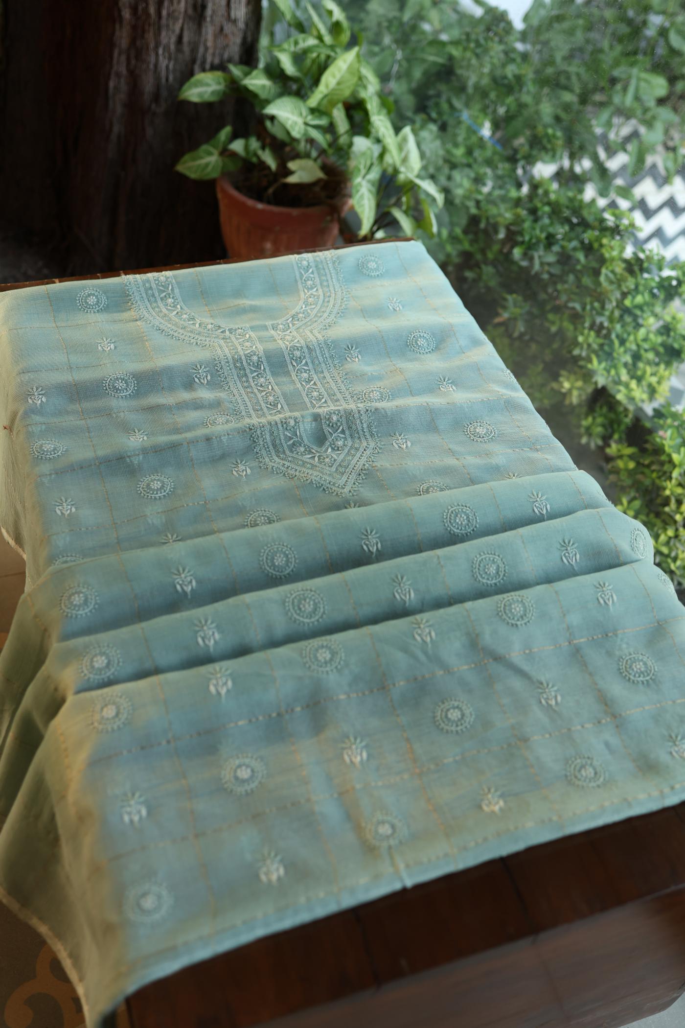 Shadow Green Shade Tissue Zari Kota Chikankari Unstitched Fabric