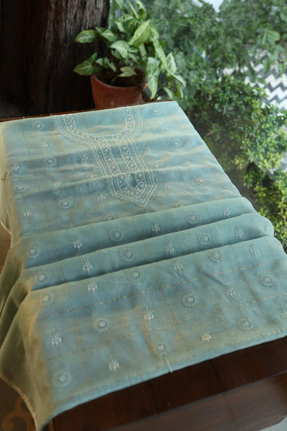 Shadow Green Shade Tissue Zari Kota Chikankari Unstitched Fabric