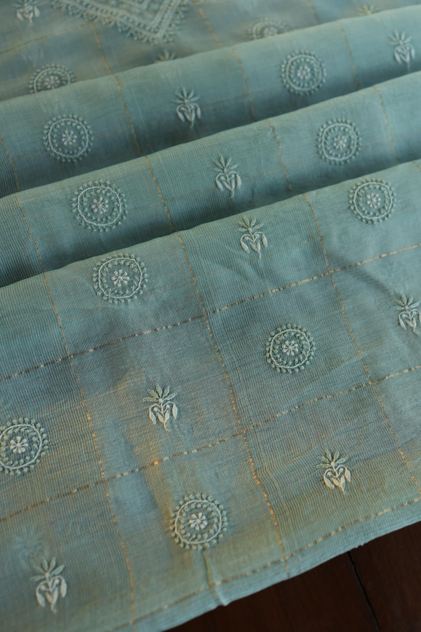 Shadow Green Shade Tissue Zari Kota Chikankari Unstitched Fabric