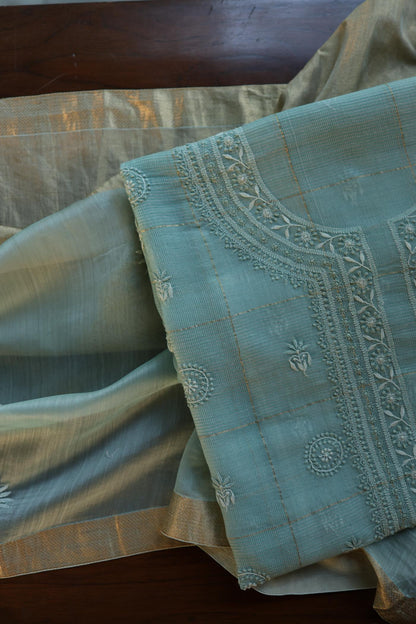 Shadow Green Shade Tissue Zari Kota Chikankari Unstitched Fabric