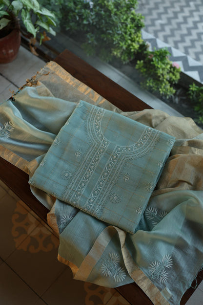 Shadow Green Shade Tissue Zari Kota Chikankari Unstitched Fabric