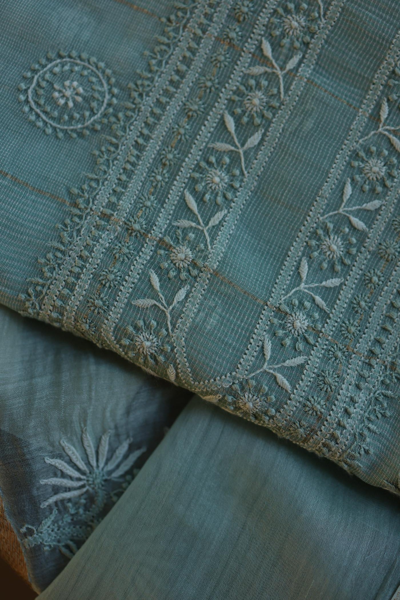 Shadow Green Shade Tissue Zari Kota Chikankari Unstitched Fabric