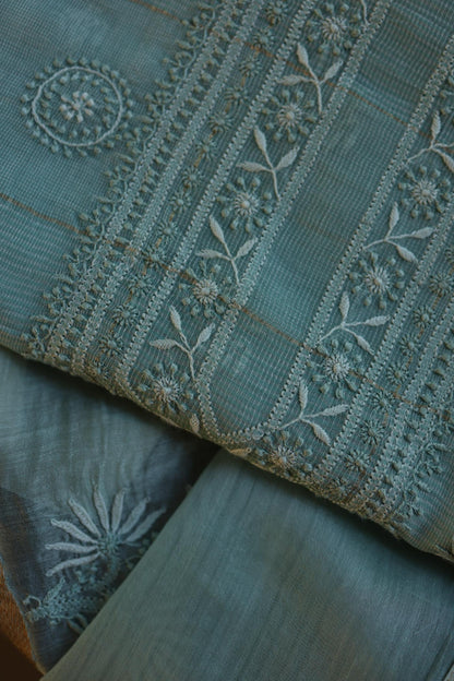 Shadow Green Shade Tissue Zari Kota Chikankari Unstitched Fabric