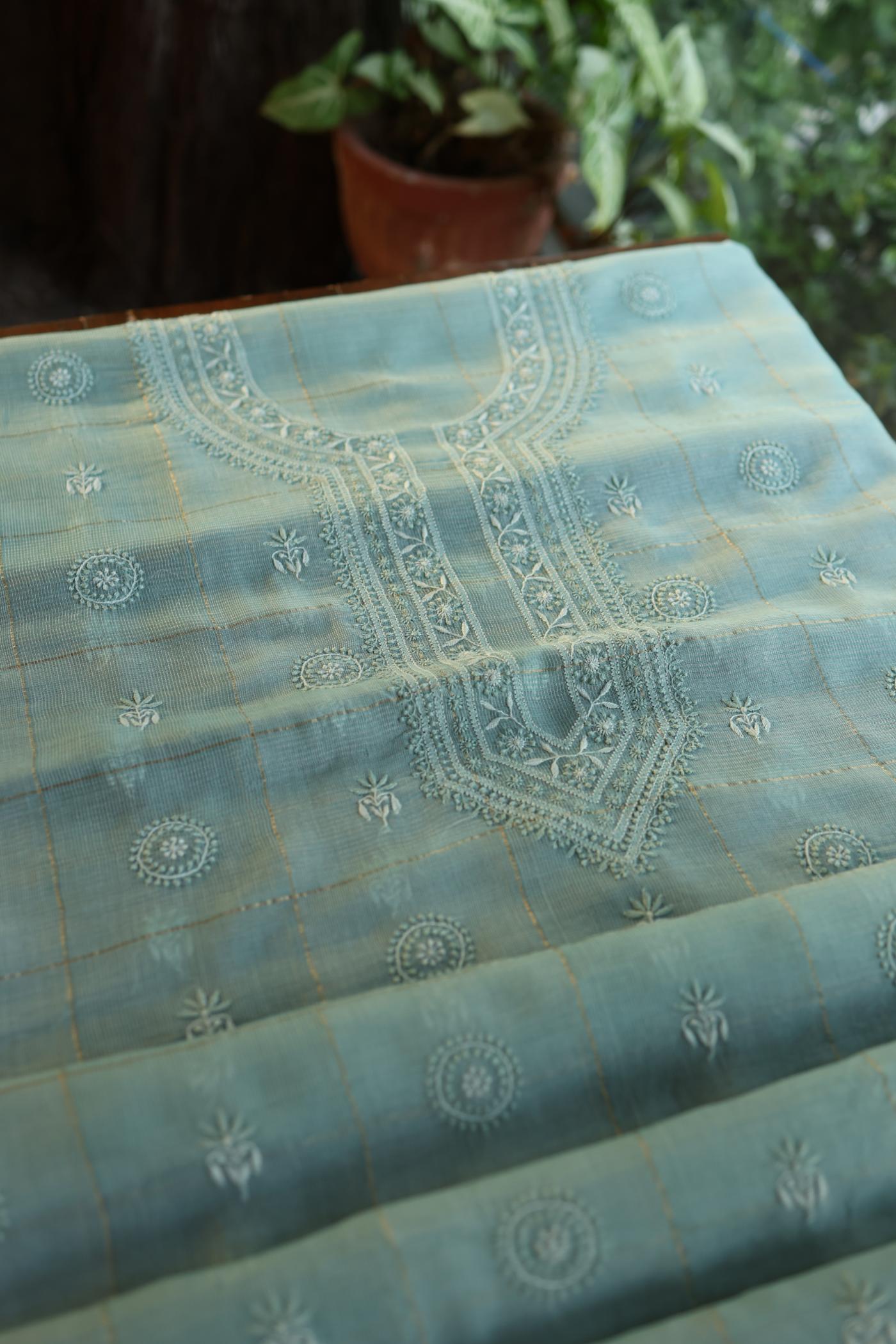 Shadow Green Shade Tissue Zari Kota Chikankari Unstitched Fabric